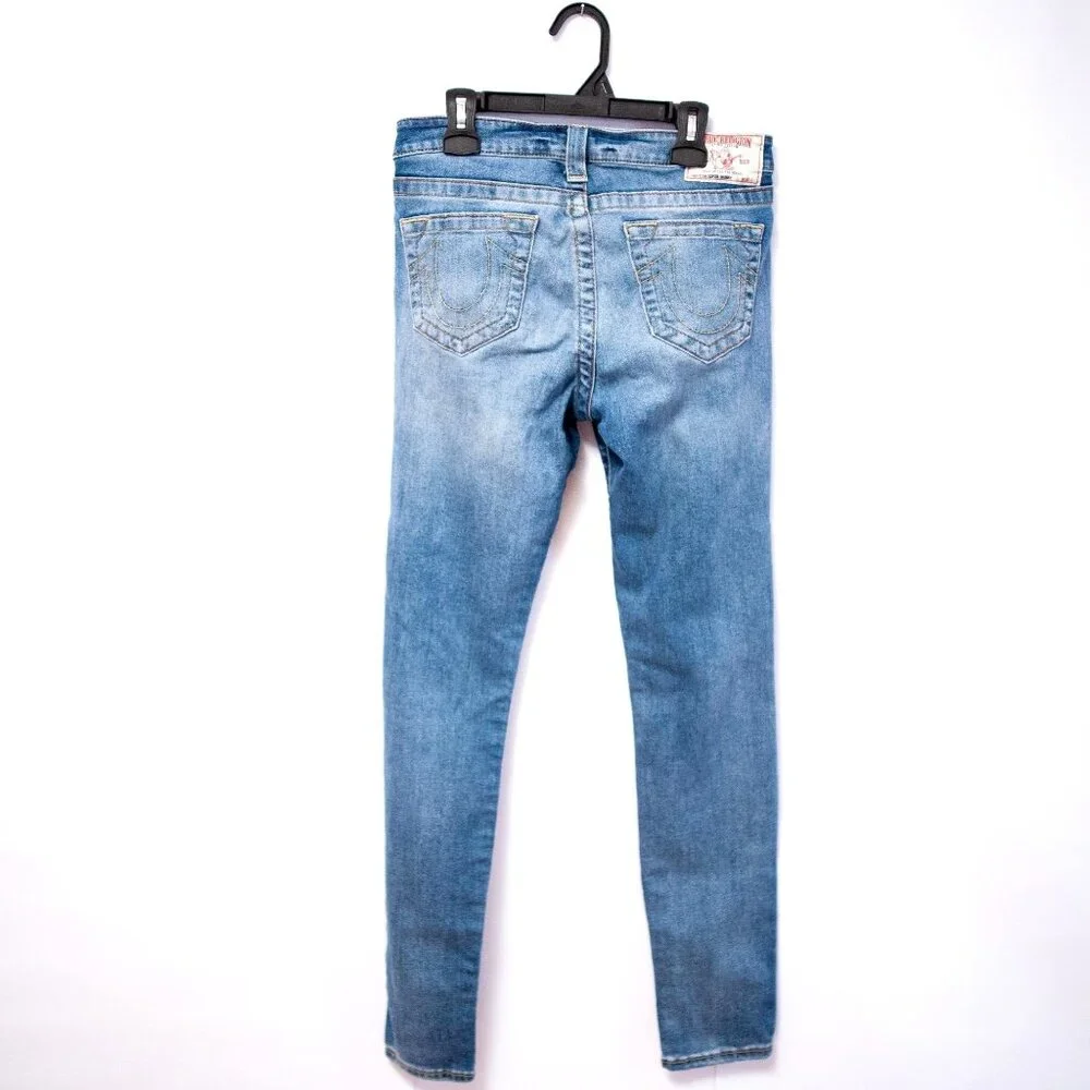 Y2K True Religion Low Rise Skinny Jeans Blue Distressed Size 28 Indie Sleaze